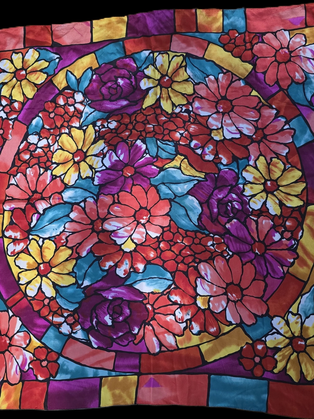 Vintage Oscar de la Renta Bold Floral Mosaic Print in Red, Yellow, Purple, Blue